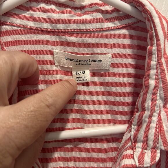 Beachlunchlounge Large Lightweight Oversized Red Striped Button Down Shirt - Picture 3 of 6